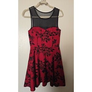 Trixxi Junior’s Sz 7 Whimsigoth Red Black Velvet Floral Mesh Fit & Flare Dress